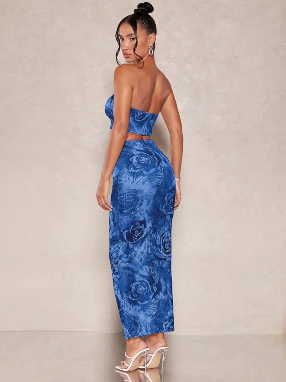 SHEIN Blue Floral Maxi Skirt - High-Waist Tubular Silhouette - Picture 2 of 5